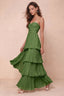 Front studio view of Sonia basil tiered pleated maxi dress with a long flowing skirt