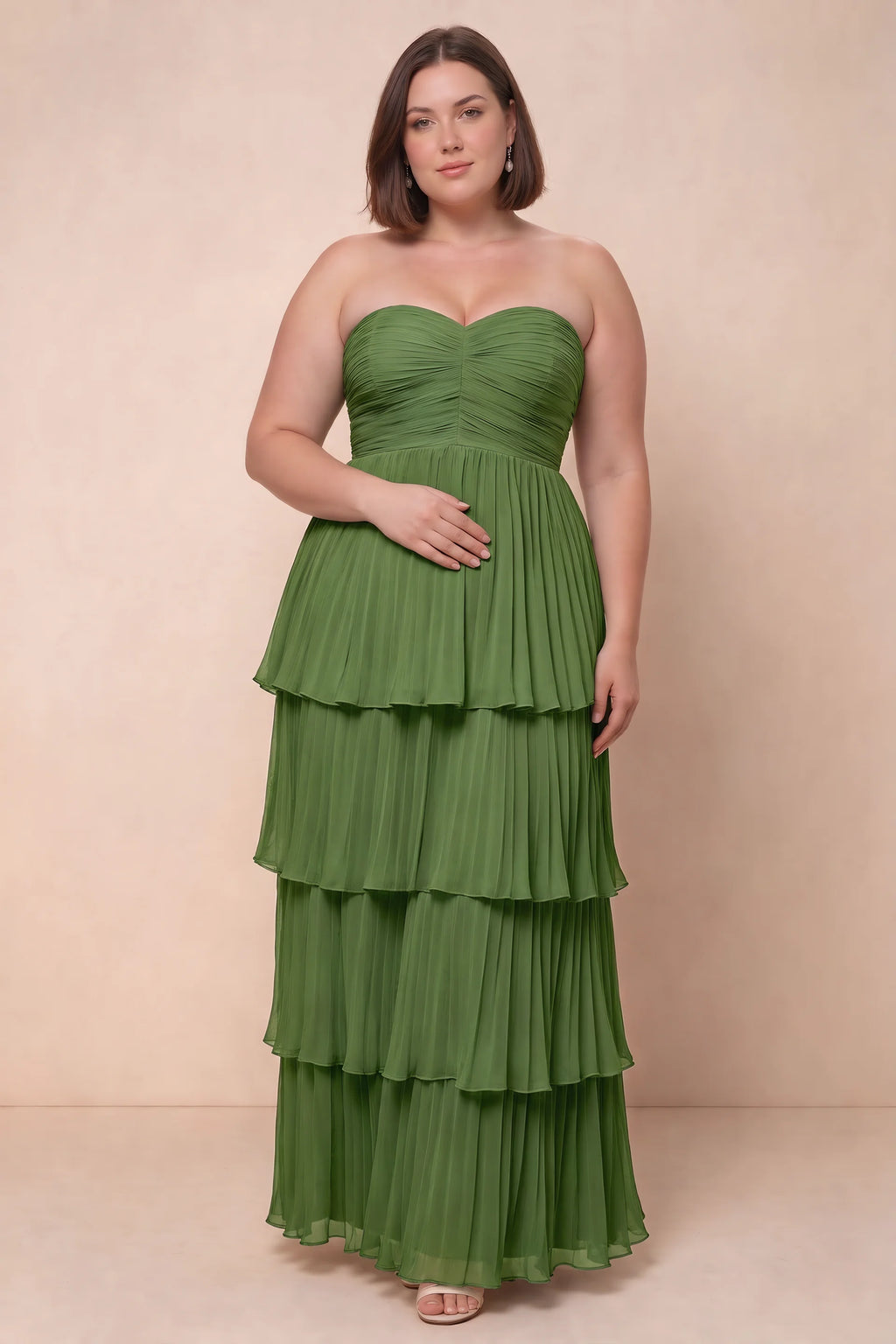 Front view on a second model of Sonia basil tiered pleated maxi dress with a long flowing skirt