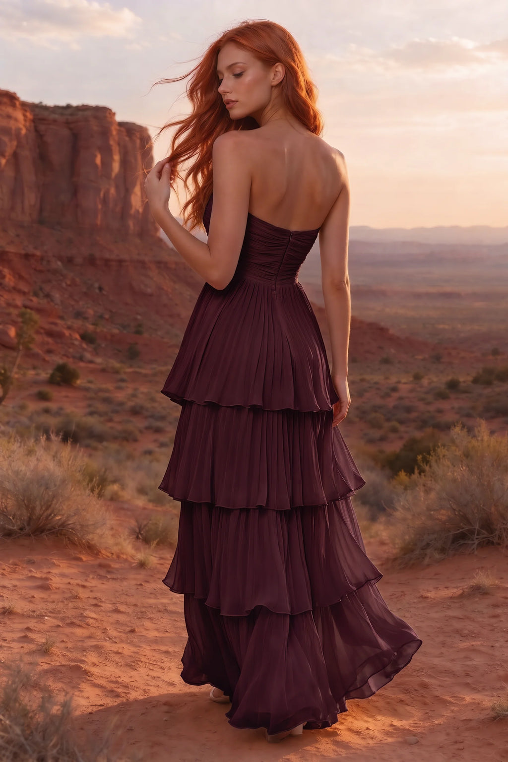 Outdoor rear view in a desert canyon at sunset of Sonia burgundy tiered pleated maxi dress with a long flowing skirt