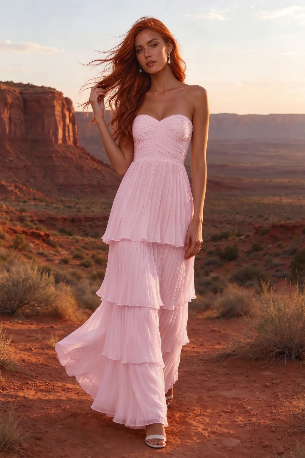 Outdoor front view in a desert canyon at sunset of Sonia candy pink tiered pleated maxi dress with a long flowing skirt