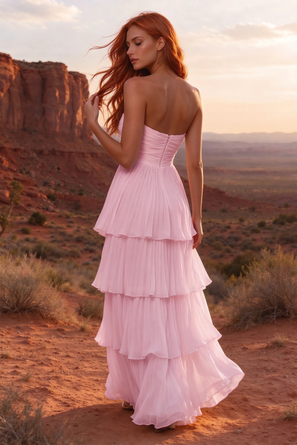 Outdoor rear view in a desert canyon at sunset of Sonia candy pink tiered pleated maxi dress with a long flowing skirt