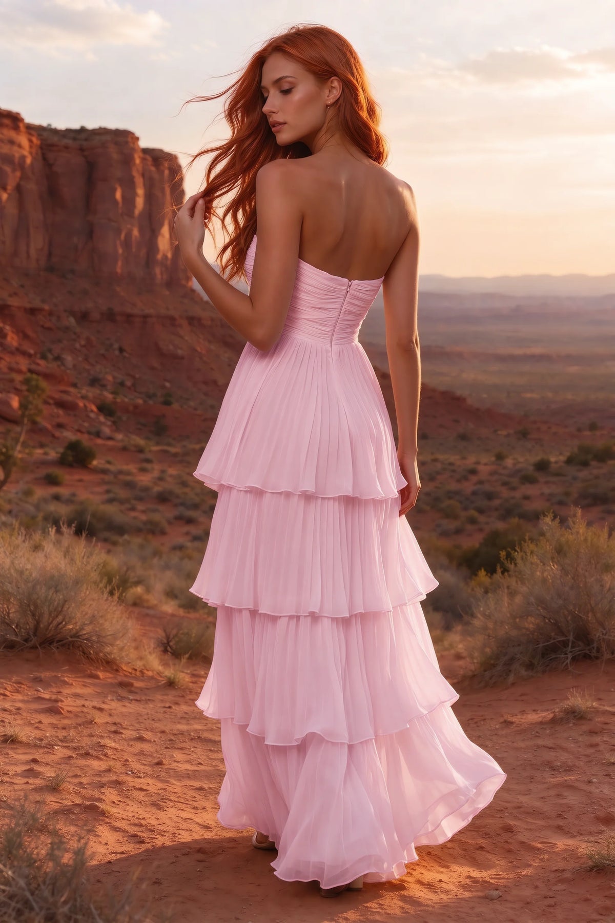 Outdoor rear view in a desert canyon at sunset of Sonia candy pink tiered pleated maxi dress with a long flowing skirt