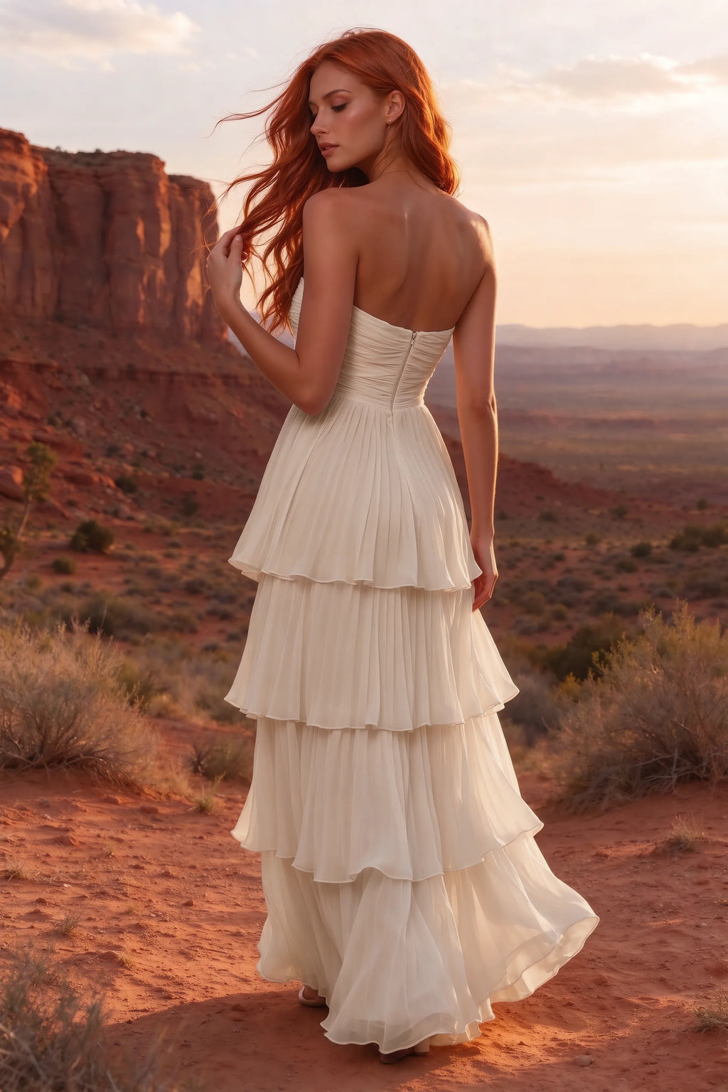 Outdoor rear view in a desert canyon at sunset of Sonia cream tiered pleated maxi dress with a long flowing skirt