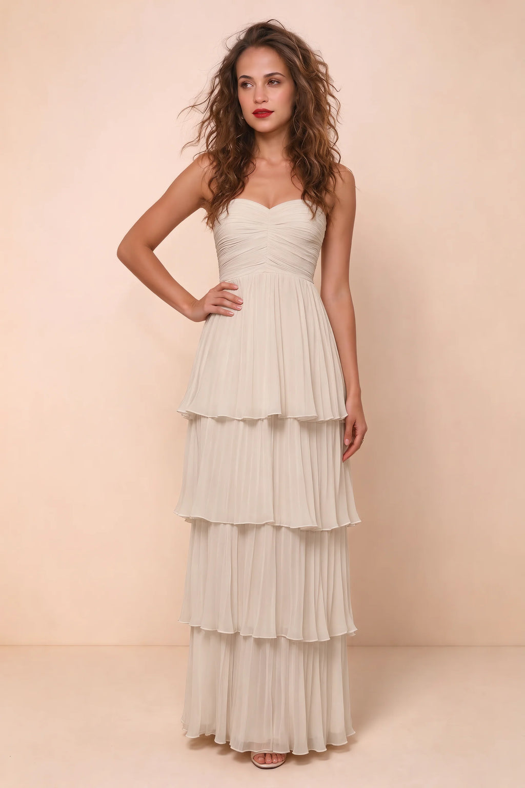Alternate front studio view of Sonia cream tiered pleated maxi dress with a long flowing skirt
