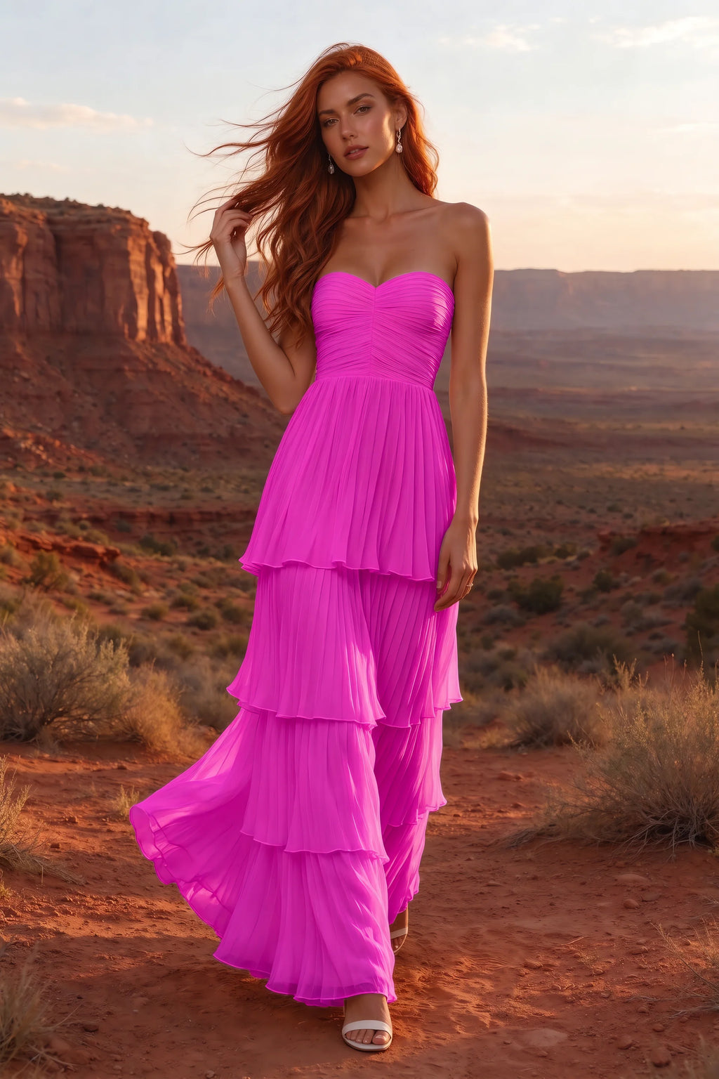 Outdoor front view in a desert canyon at sunset of Sonia fuchsia tiered pleated maxi dress with a long flowing skirt