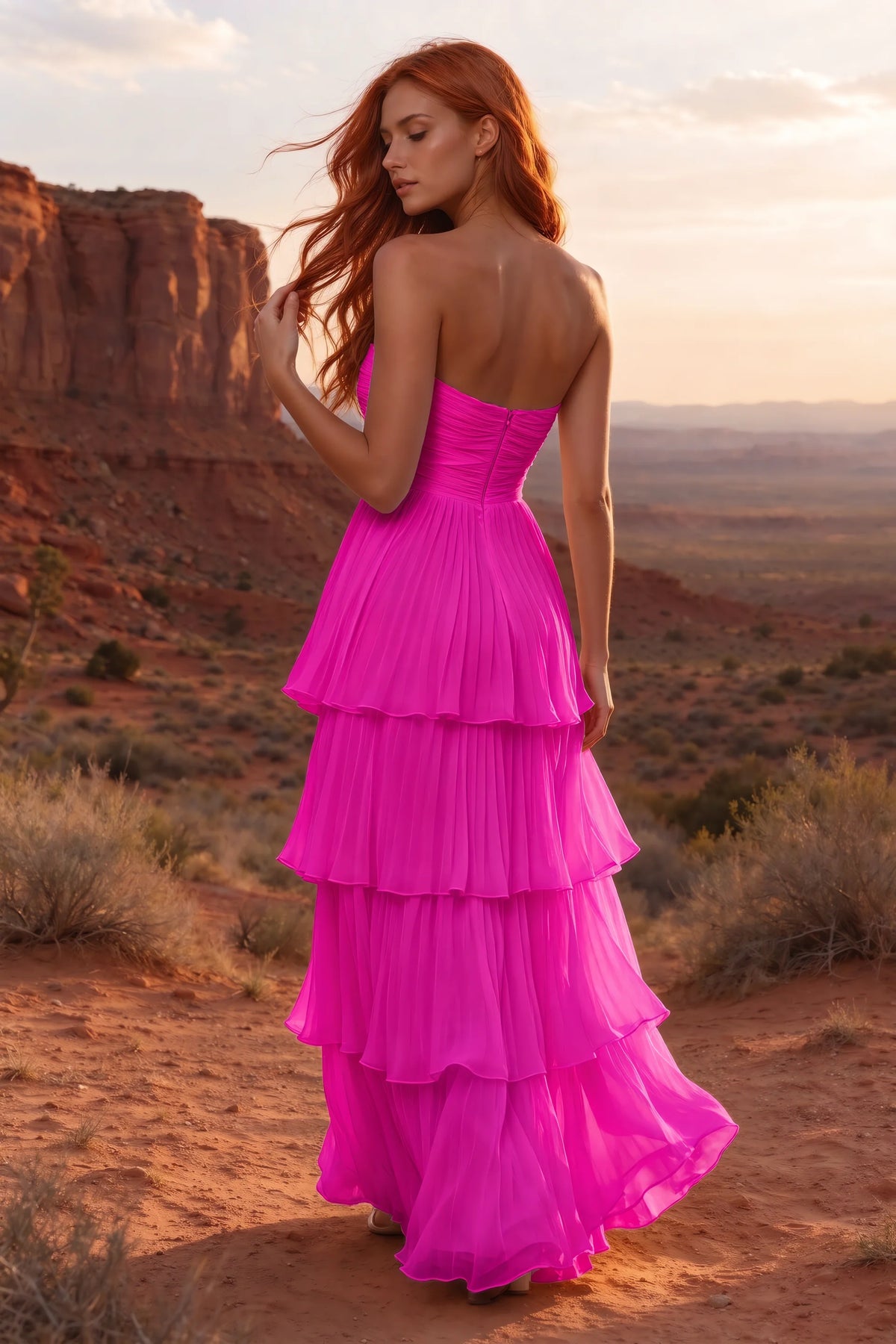 Outdoor rear view in a desert canyon at sunset of Sonia fuchsia tiered pleated maxi dress with a long flowing skirt
