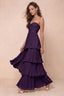Front studio view of Sonia grape tiered pleated maxi dress with a long flowing skirt