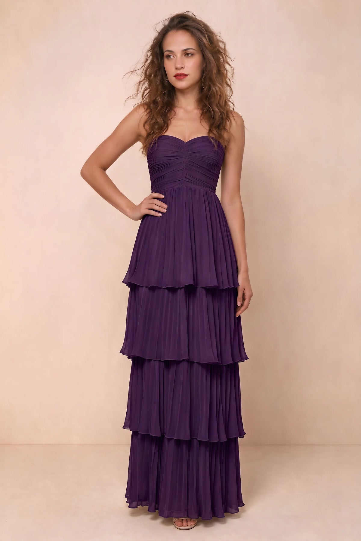 Alternate front studio view of Sonia grape tiered pleated maxi dress with a long flowing skirt