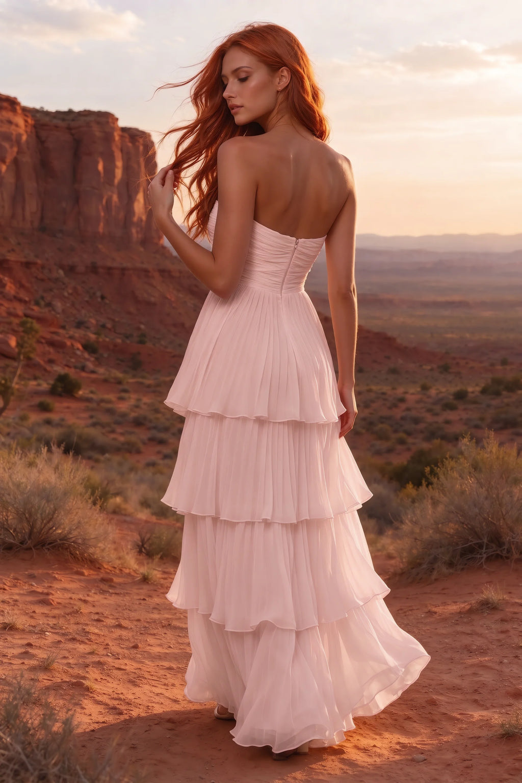 Outdoor rear view in a desert canyon at sunset of Sonia haze pink tiered pleated maxi dress with a long flowing skirt
