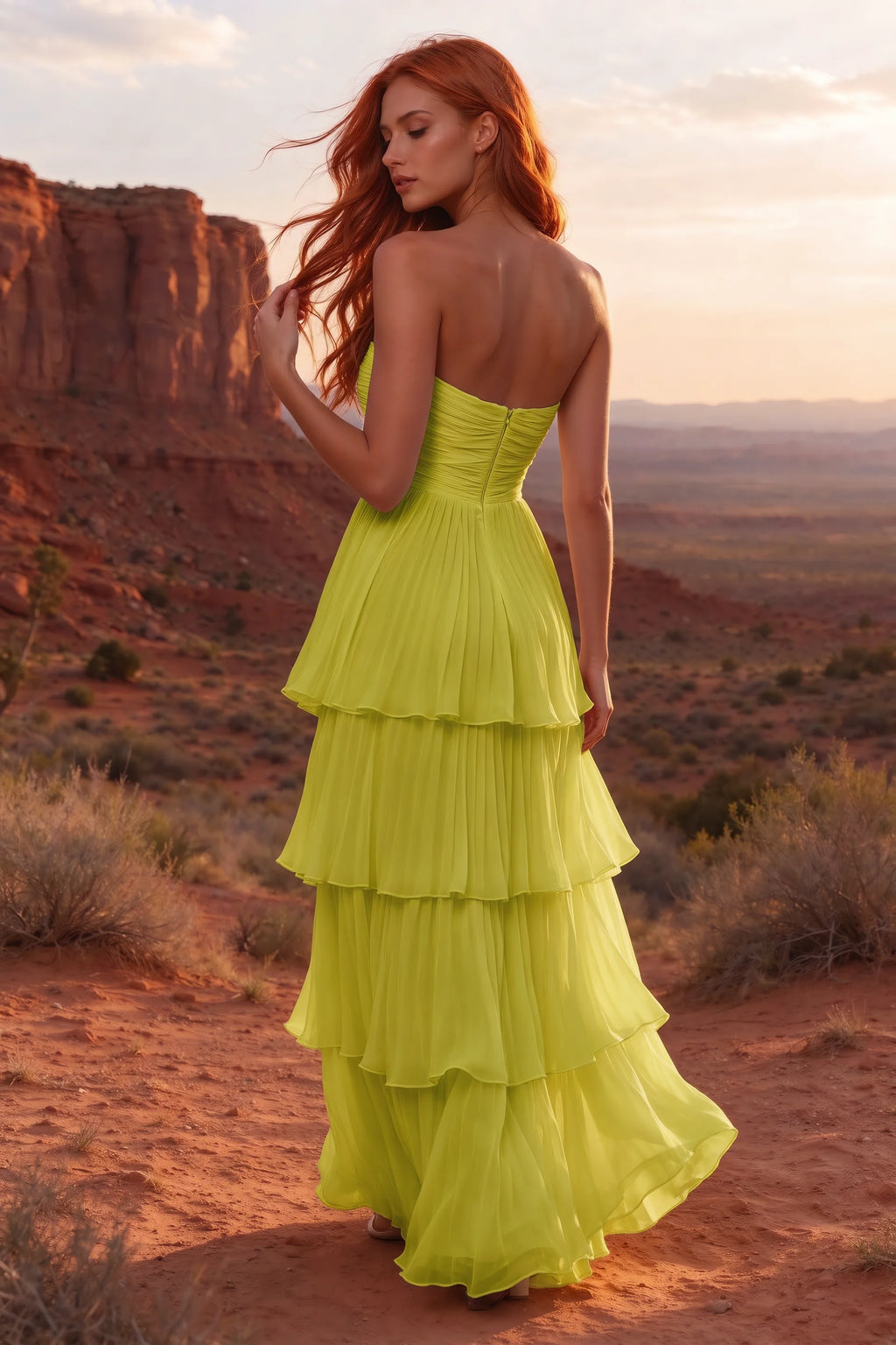 Outdoor rear view in a desert canyon at sunset of Sonia lemon green tiered pleated maxi dress with a long flowing skirt