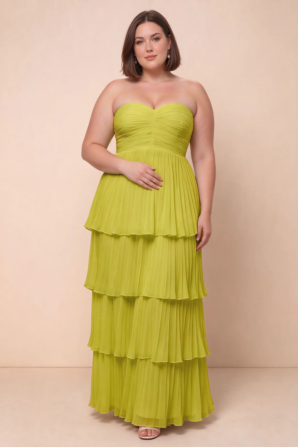 Front view on a second model of Sonia lemon green tiered pleated maxi dress with a long flowing skirt