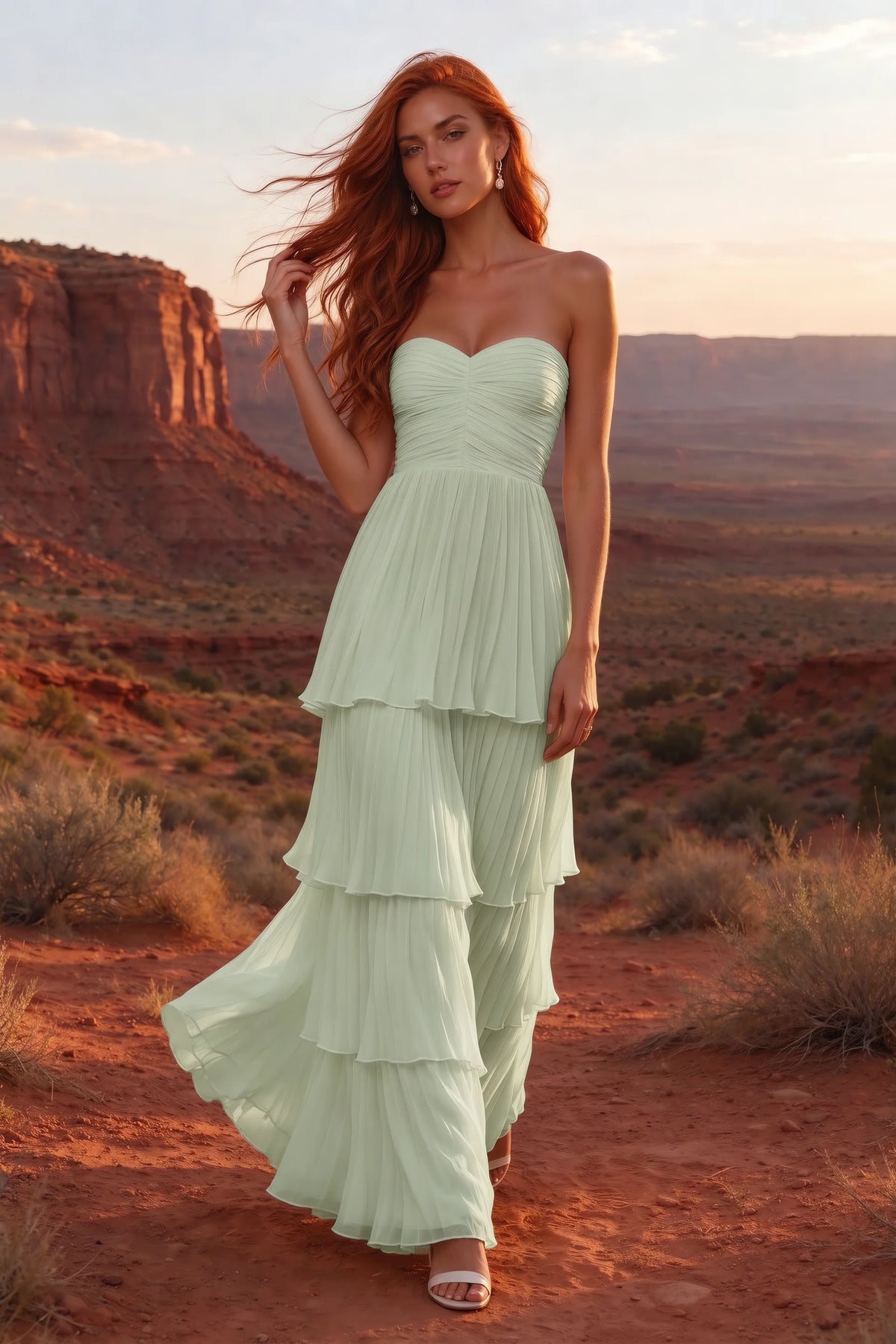 Outdoor front view in a desert canyon at sunset of Sonia light green tiered pleated maxi dress with a long flowing skirt