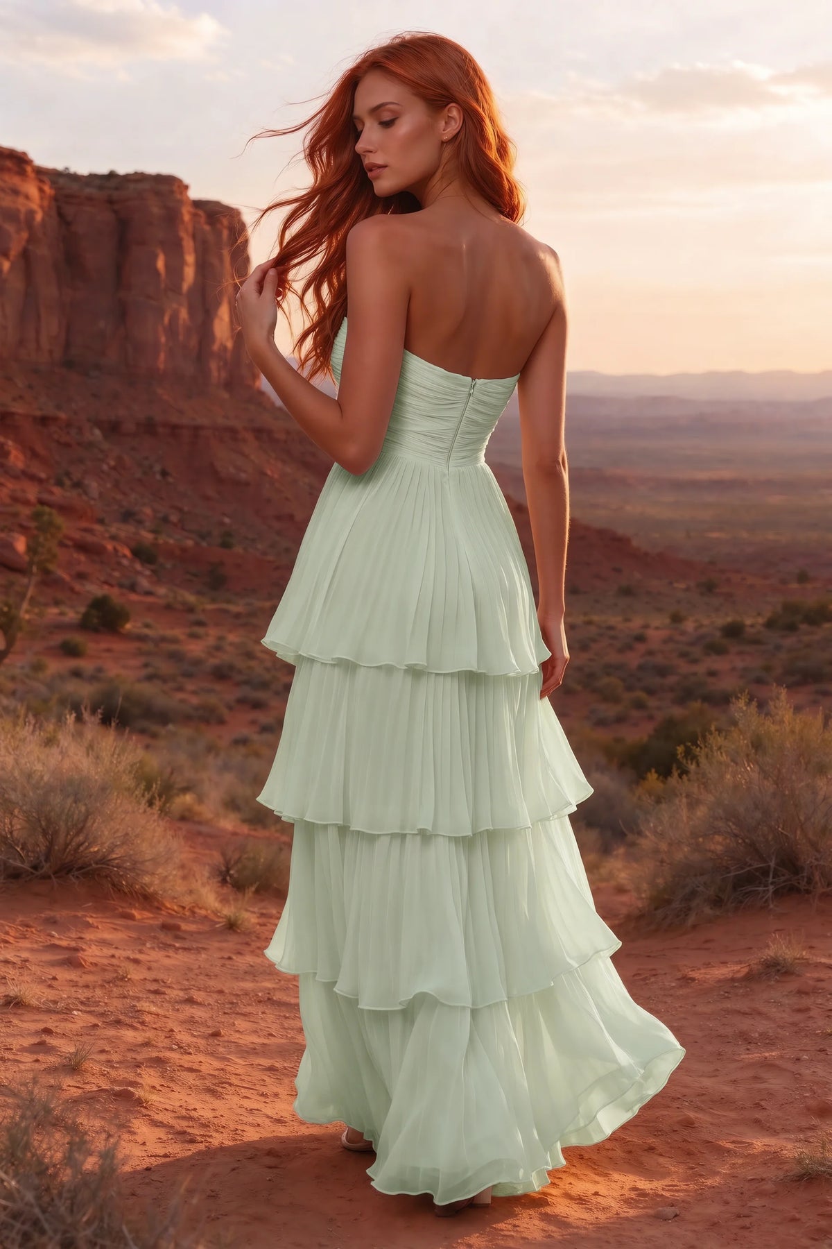 Outdoor rear view in a desert canyon at sunset of Sonia light green tiered pleated maxi dress with a long flowing skirt