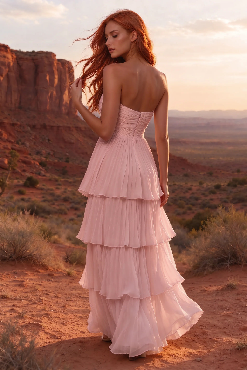 Outdoor rear view in a desert canyon at sunset of Sonia light pink tiered pleated maxi dress with a long flowing skirt
