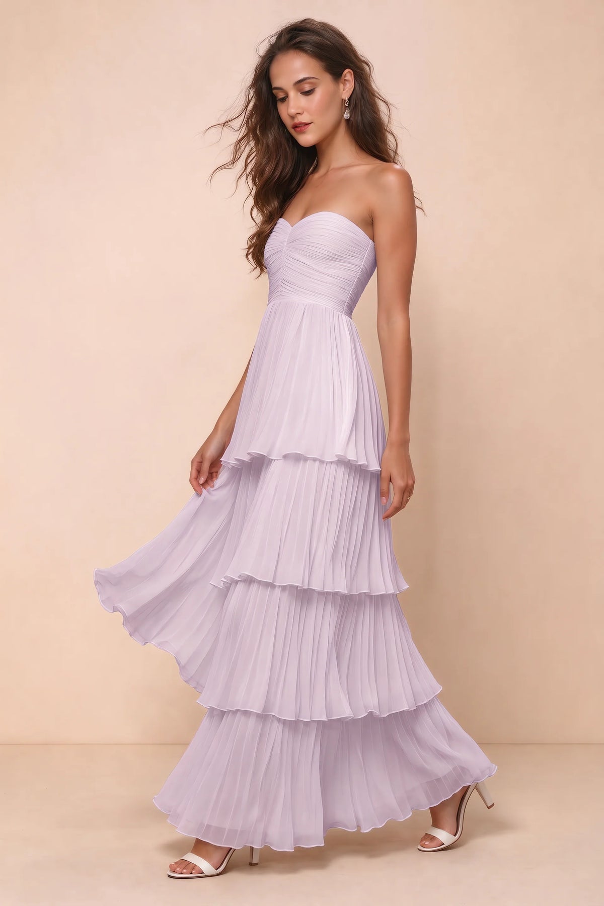 Front studio view of Sonia lilac tiered pleated maxi dress with a long flowing skirt
