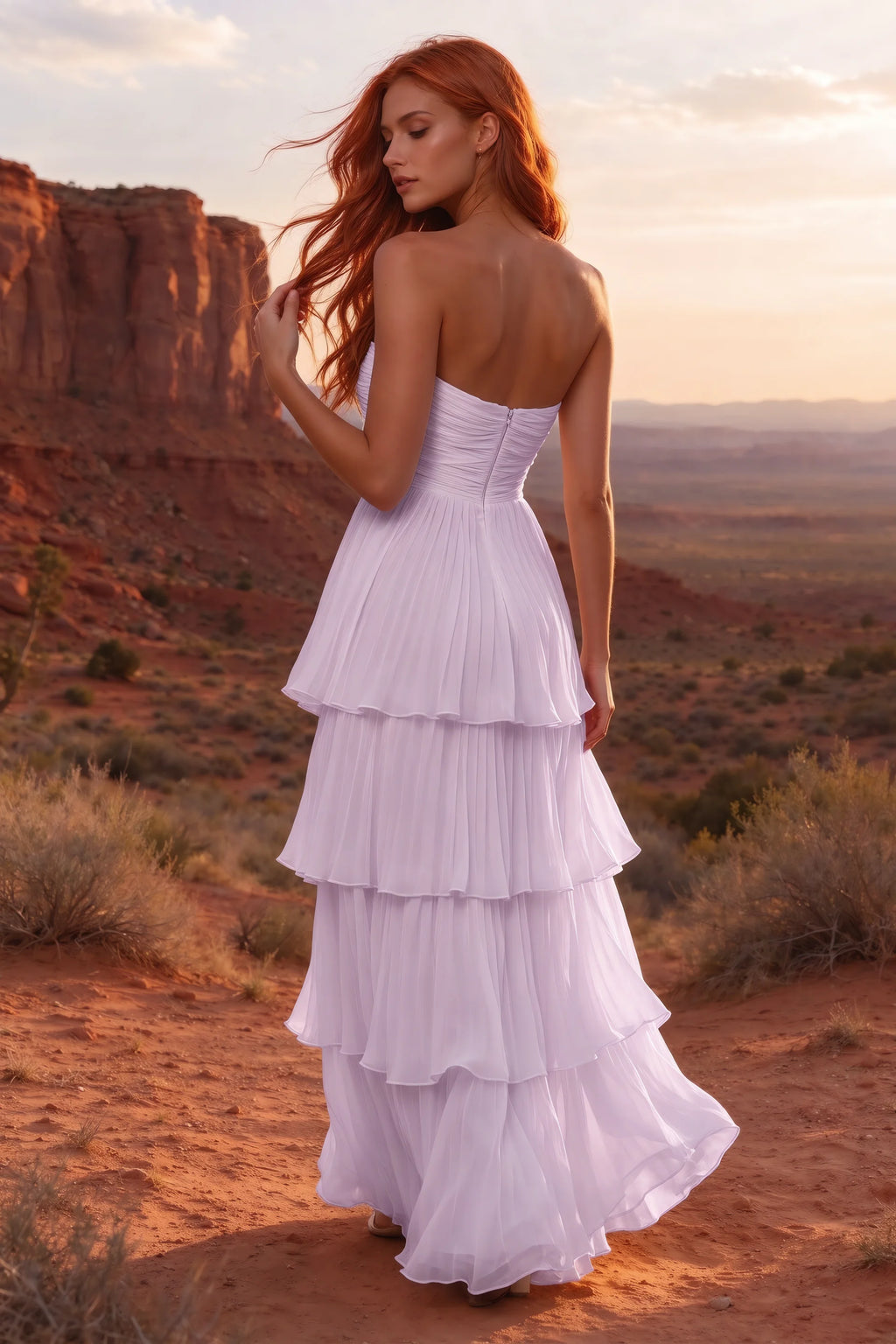 Outdoor rear view in a desert canyon at sunset of Sonia lilac tiered pleated maxi dress with a long flowing skirt