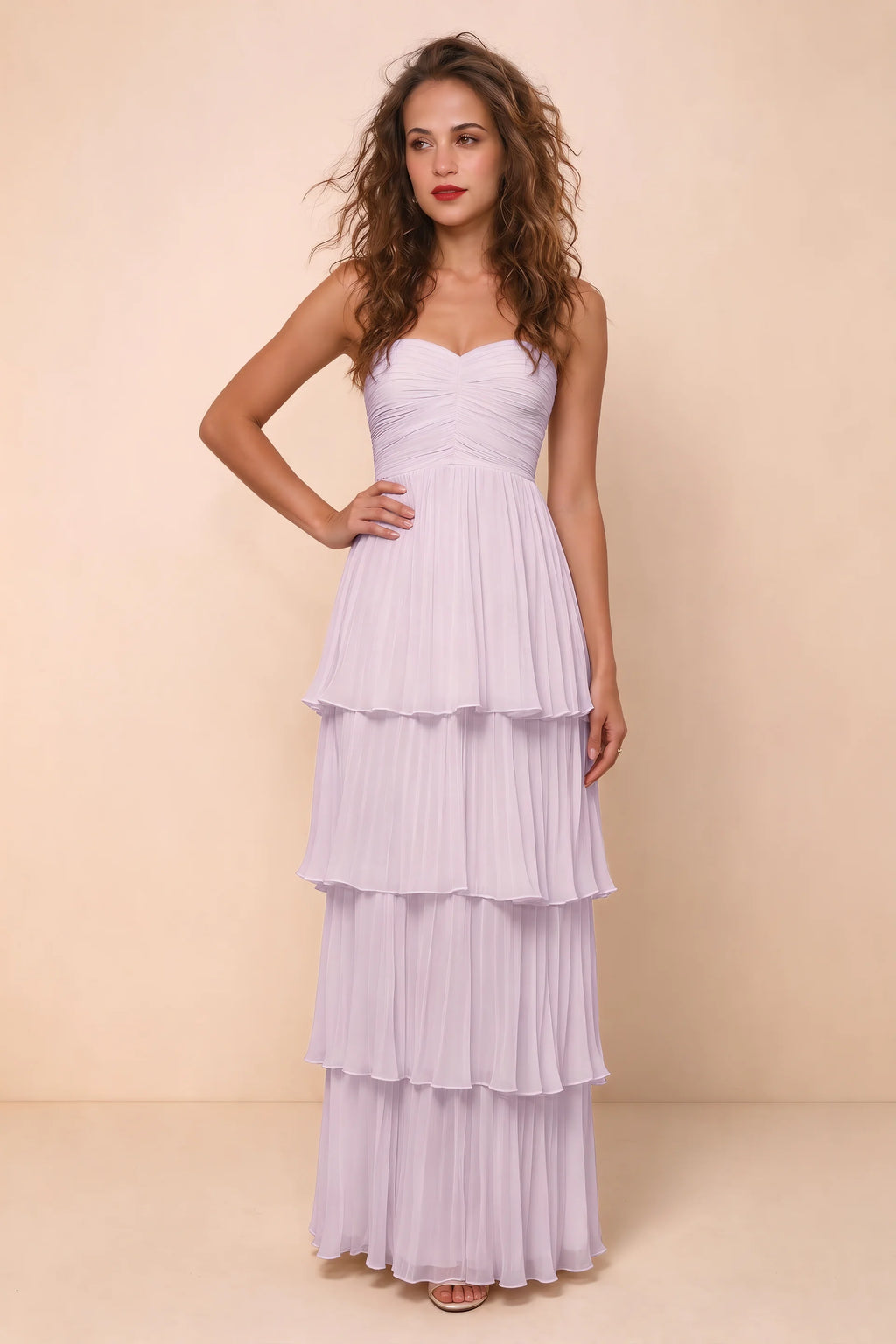 Alternate front studio view of Sonia lilac tiered pleated maxi dress with a long flowing skirt