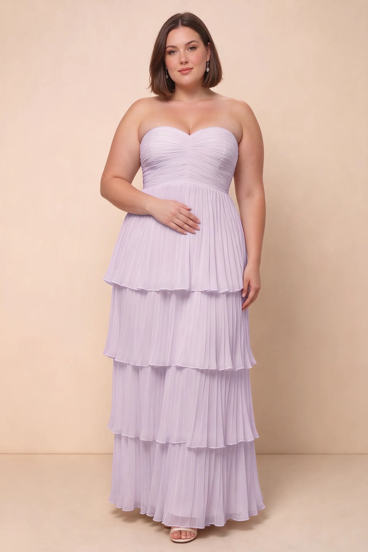 Front view on a second model of Sonia lilac tiered pleated maxi dress with a long flowing skirt
