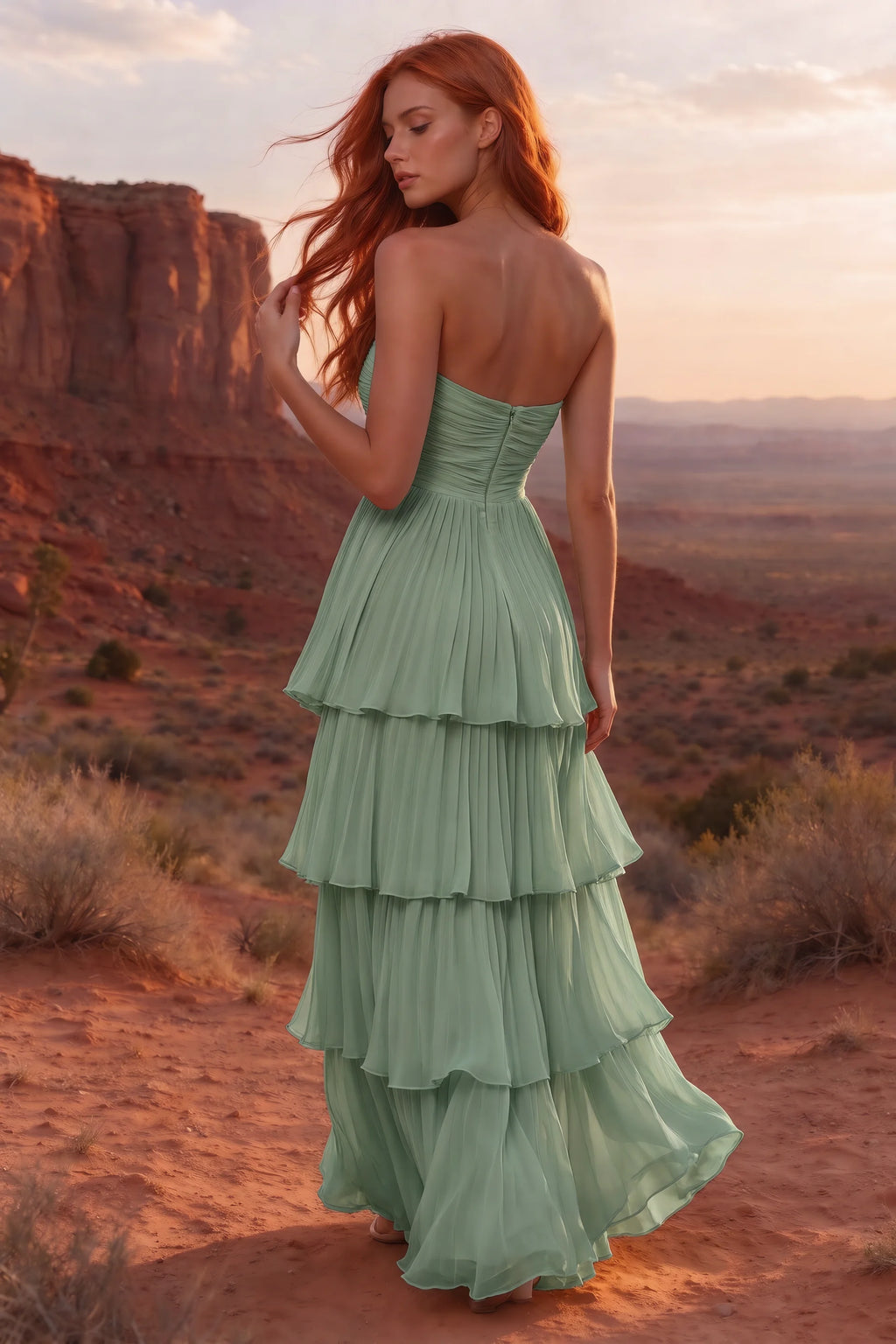 Outdoor rear view in a desert canyon at sunset of Sonia matcha green tiered pleated maxi dress with a long flowing skirt