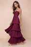 Front studio view of Sonia merlot tiered pleated maxi dress with a long flowing skirt
