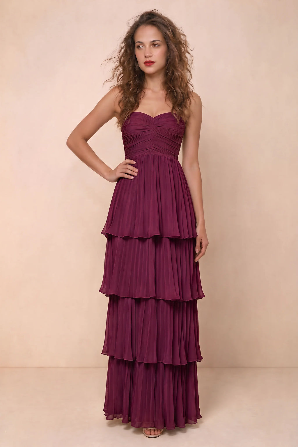 Alternate front studio view of Sonia merlot tiered pleated maxi dress with a long flowing skirt