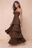 Front studio view of Sonia mocha tiered pleated maxi dress with a long flowing skirt