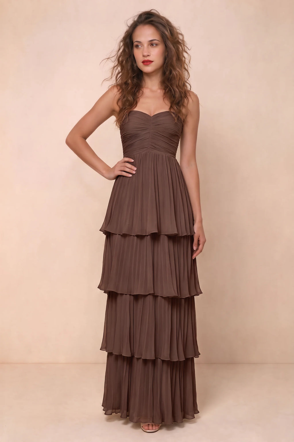 Alternate front studio view of Sonia mocha tiered pleated maxi dress with a long flowing skirt