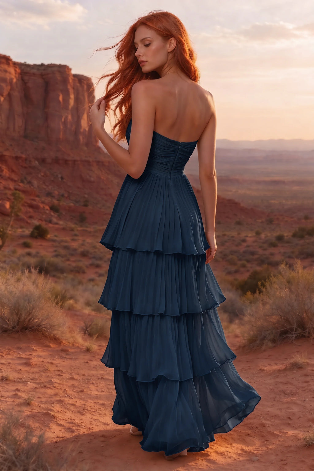 Outdoor rear view in a desert canyon at sunset of Sonia navy tiered pleated maxi dress with a long flowing skirt