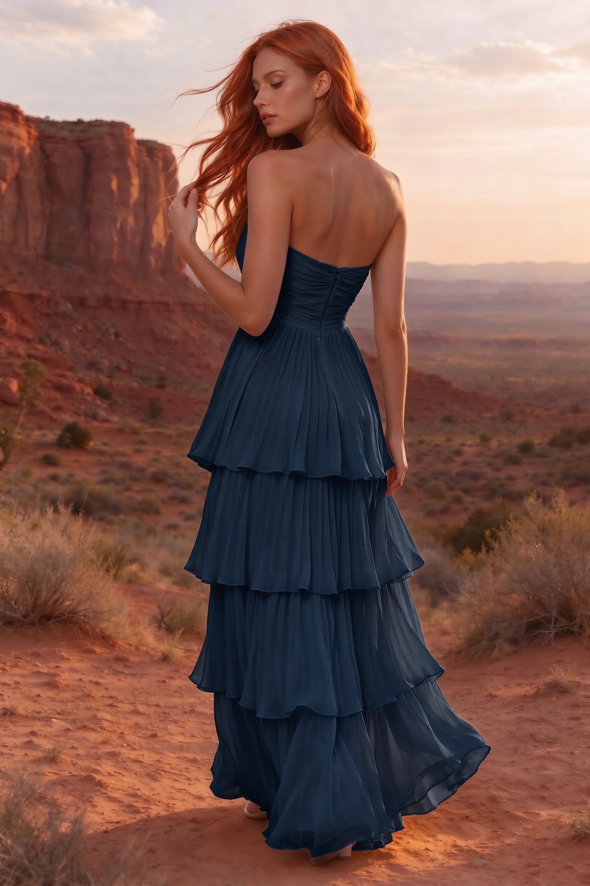 Outdoor rear view in a desert canyon at sunset of Sonia navy tiered pleated maxi dress with a long flowing skirt