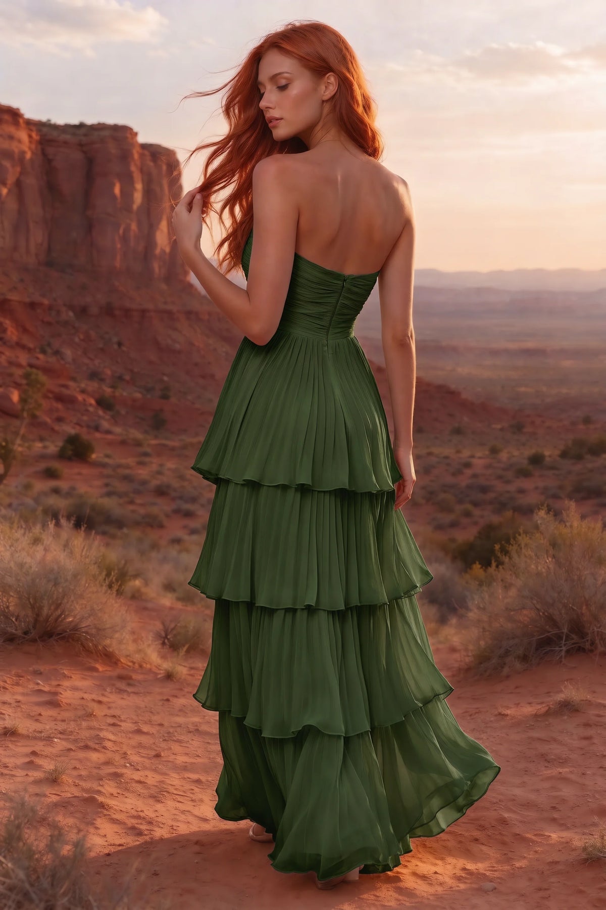 Outdoor rear view in a desert canyon at sunset of Sonia olive green tiered pleated maxi dress with a long flowing skirt