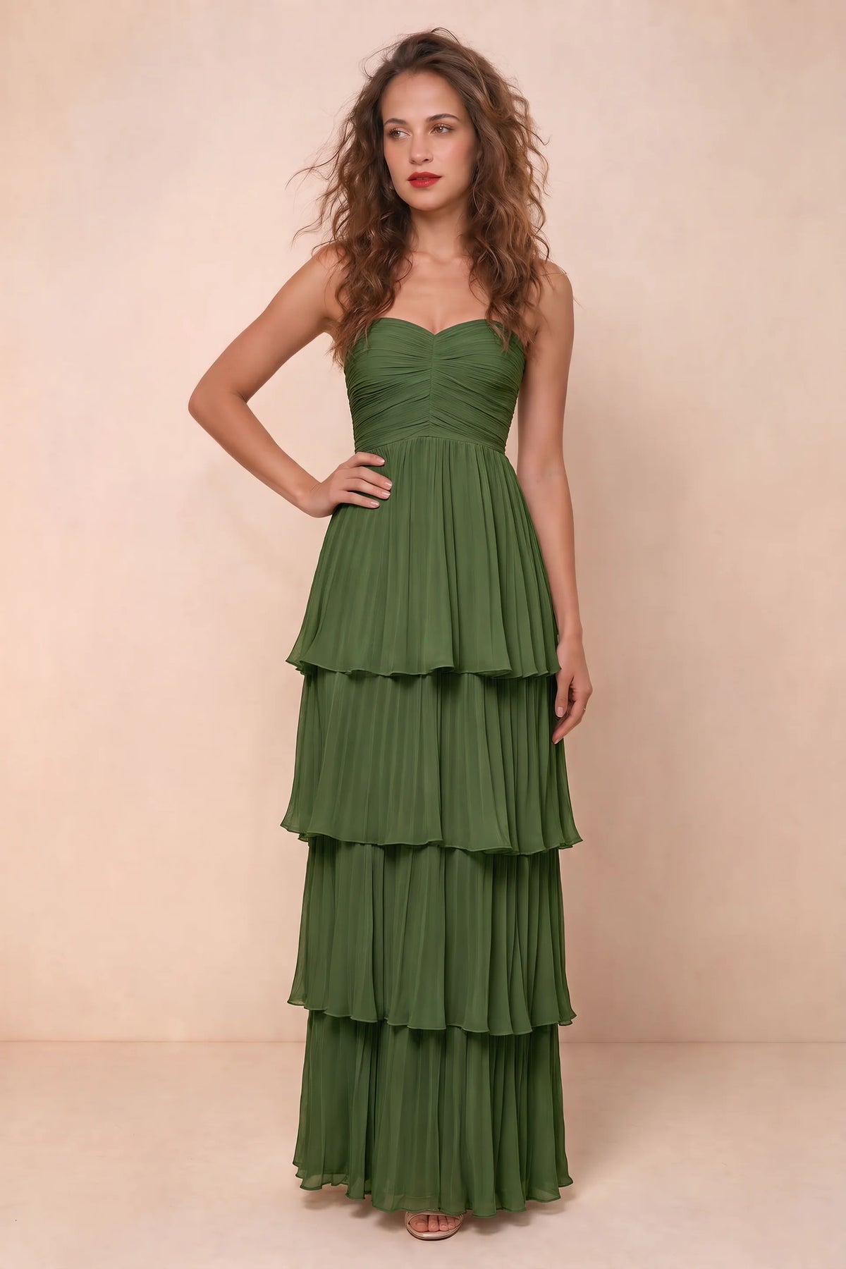 Alternate front studio view of Sonia olive green tiered pleated maxi dress with a long flowing skirt