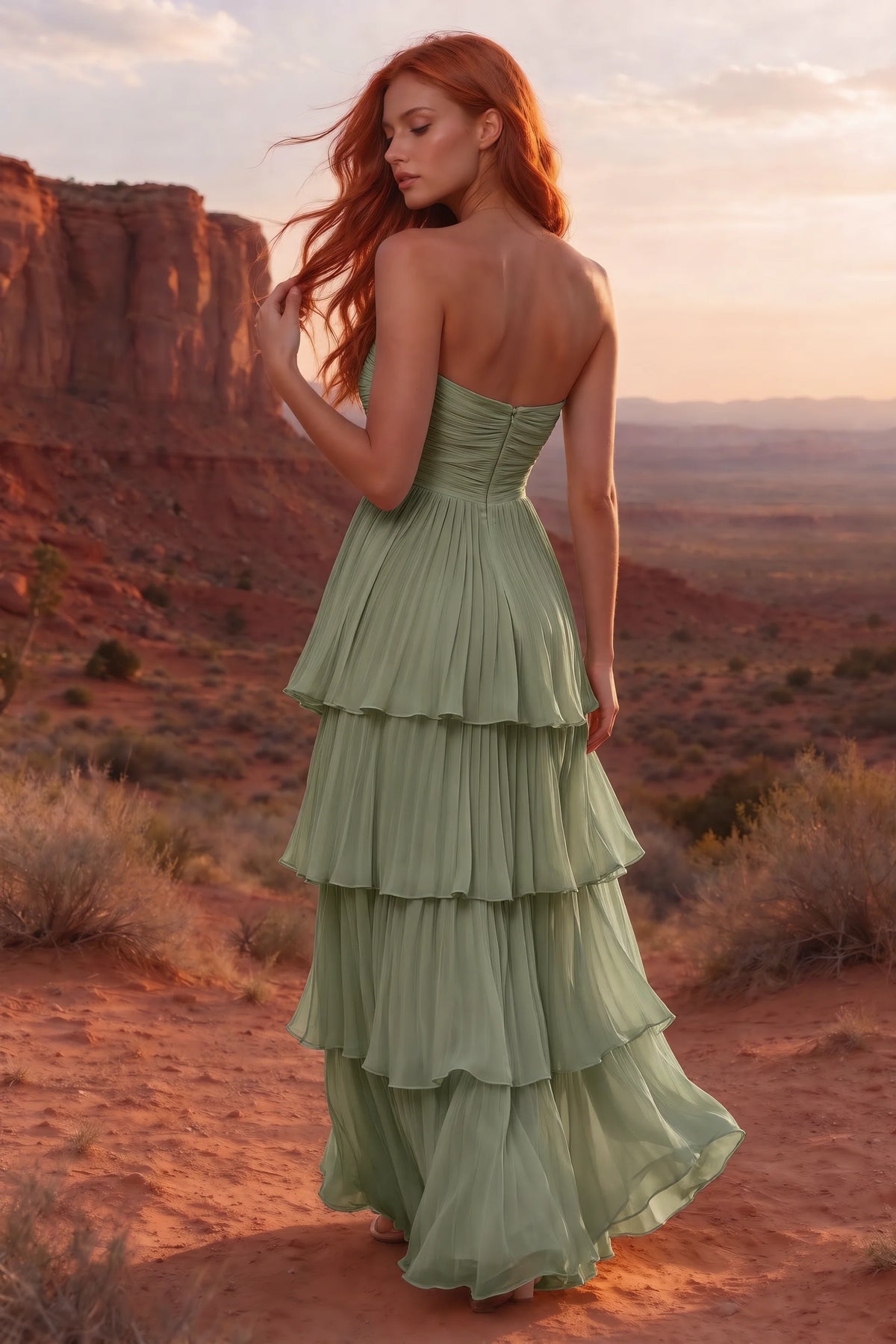 Outdoor rear view in a desert canyon at sunset of Sonia pistachio tiered pleated maxi dress with a long flowing skirt