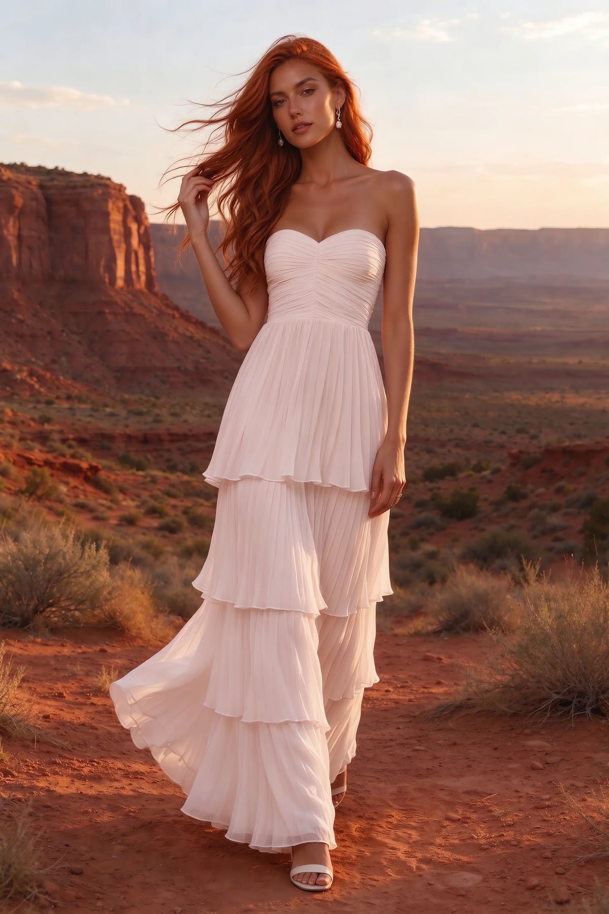 Outdoor front view in a desert canyon at sunset of Sonia powder pink tiered pleated maxi dress with a long flowing skirt