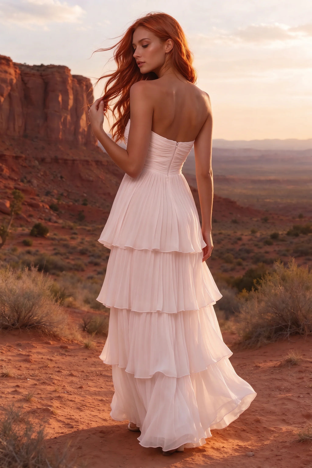 Outdoor rear view in a desert canyon at sunset of Sonia powder pink tiered pleated maxi dress with a long flowing skirt