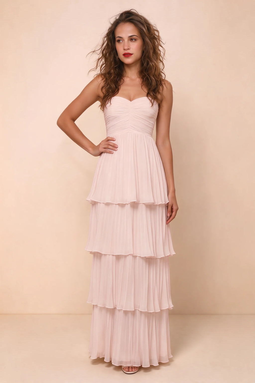 Alternate front studio view of Sonia powder pink tiered pleated maxi dress with a long flowing skirt