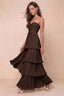 Front studio view of Sonia truffle tiered pleated maxi dress with a long flowing skirt