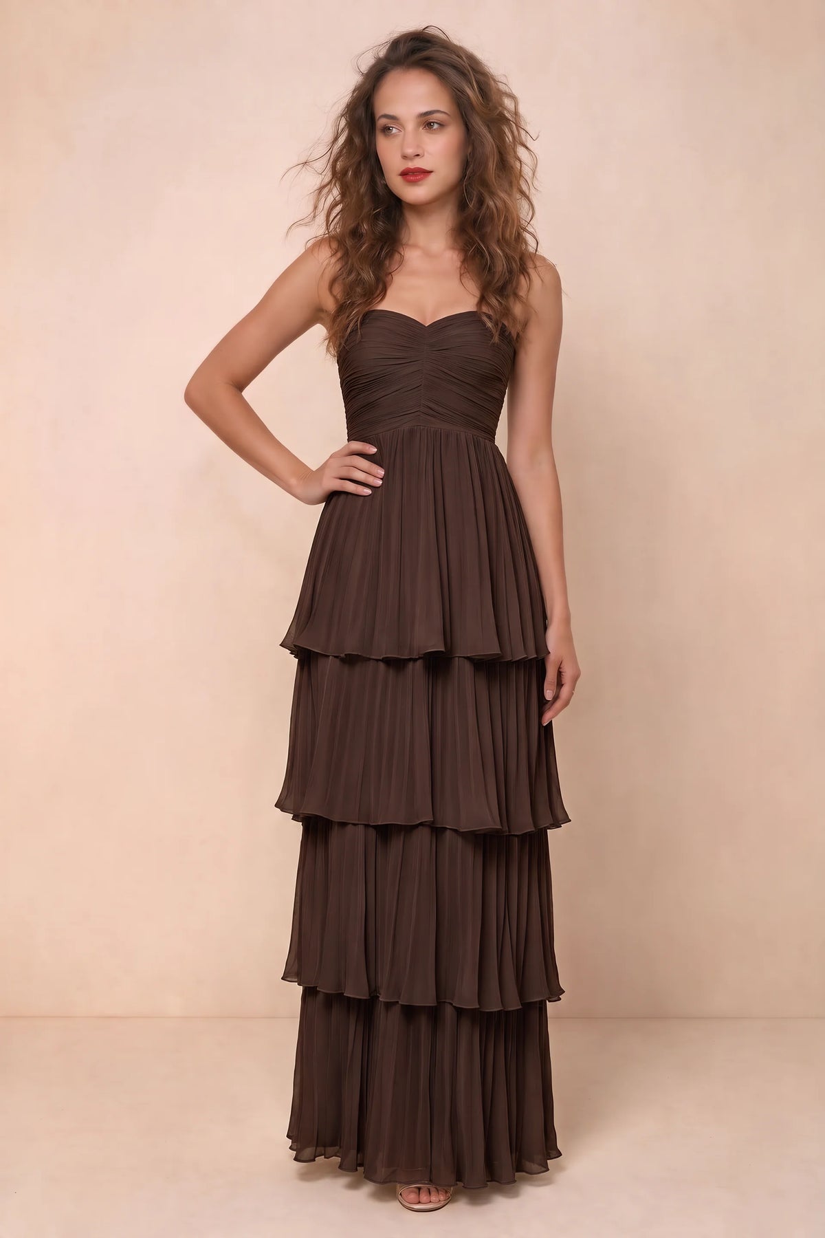 Alternate front studio view of Sonia truffle tiered pleated maxi dress with a long flowing skirt