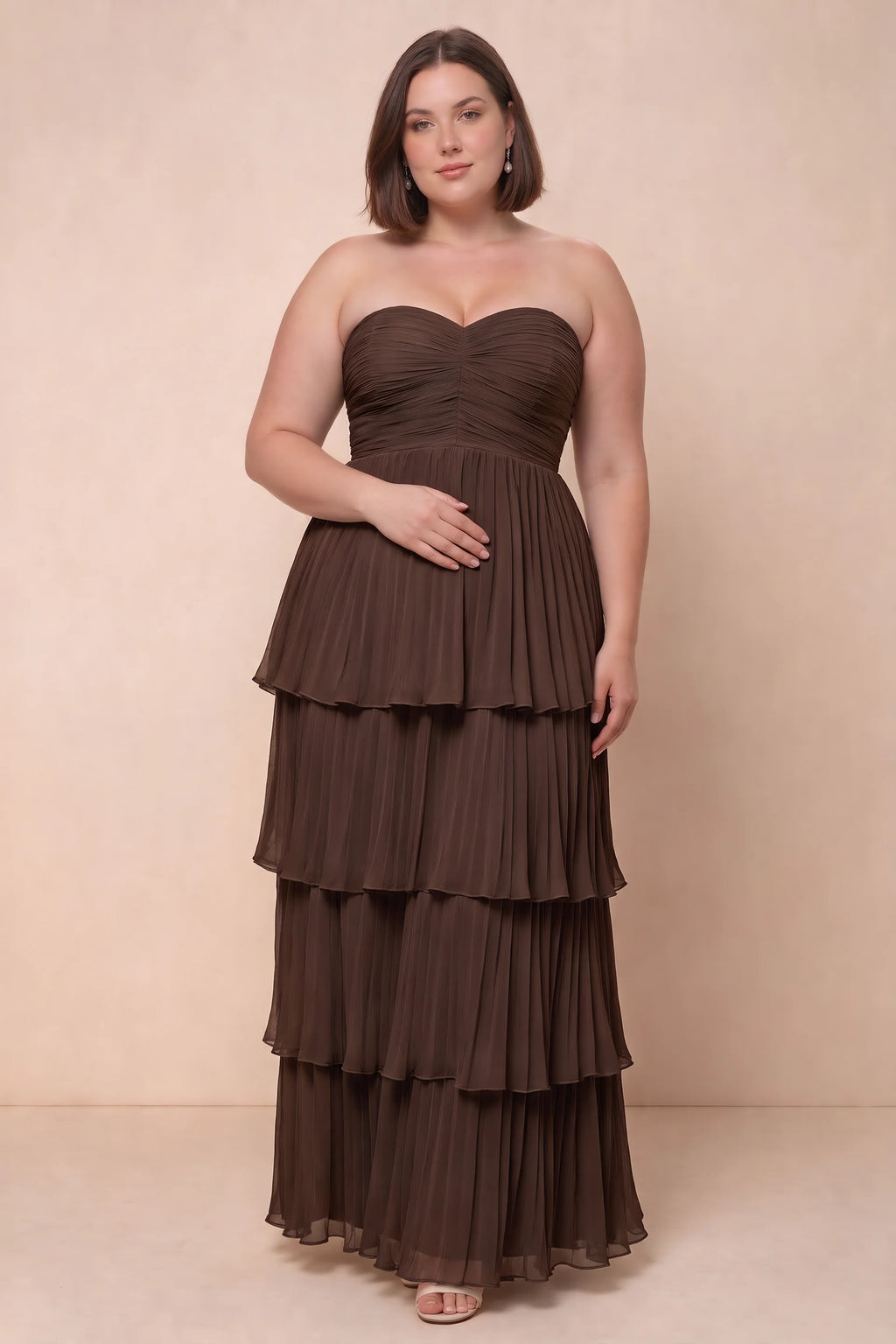 Front view on a second model of Sonia truffle tiered pleated maxi dress with a long flowing skirt