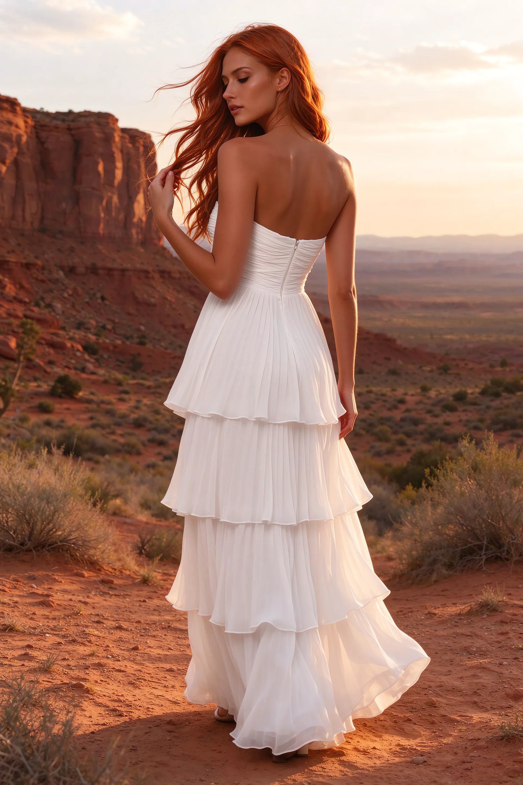 Outdoor rear view in a desert canyon at sunset of Sonia white tiered pleated maxi dress with a long flowing skirt