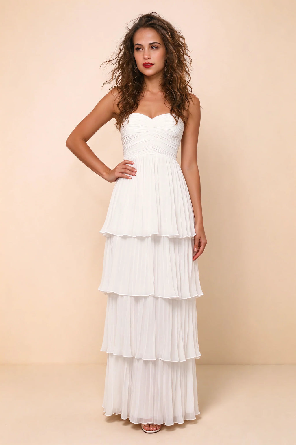 Alternate front studio view of Sonia white tiered pleated maxi dress with a long flowing skirt