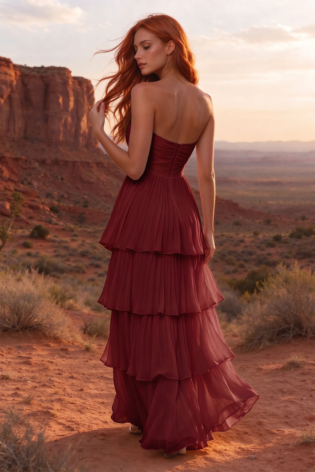 Outdoor rear view in a desert canyon at sunset of Sonia wine tiered pleated maxi dress with a long flowing skirt