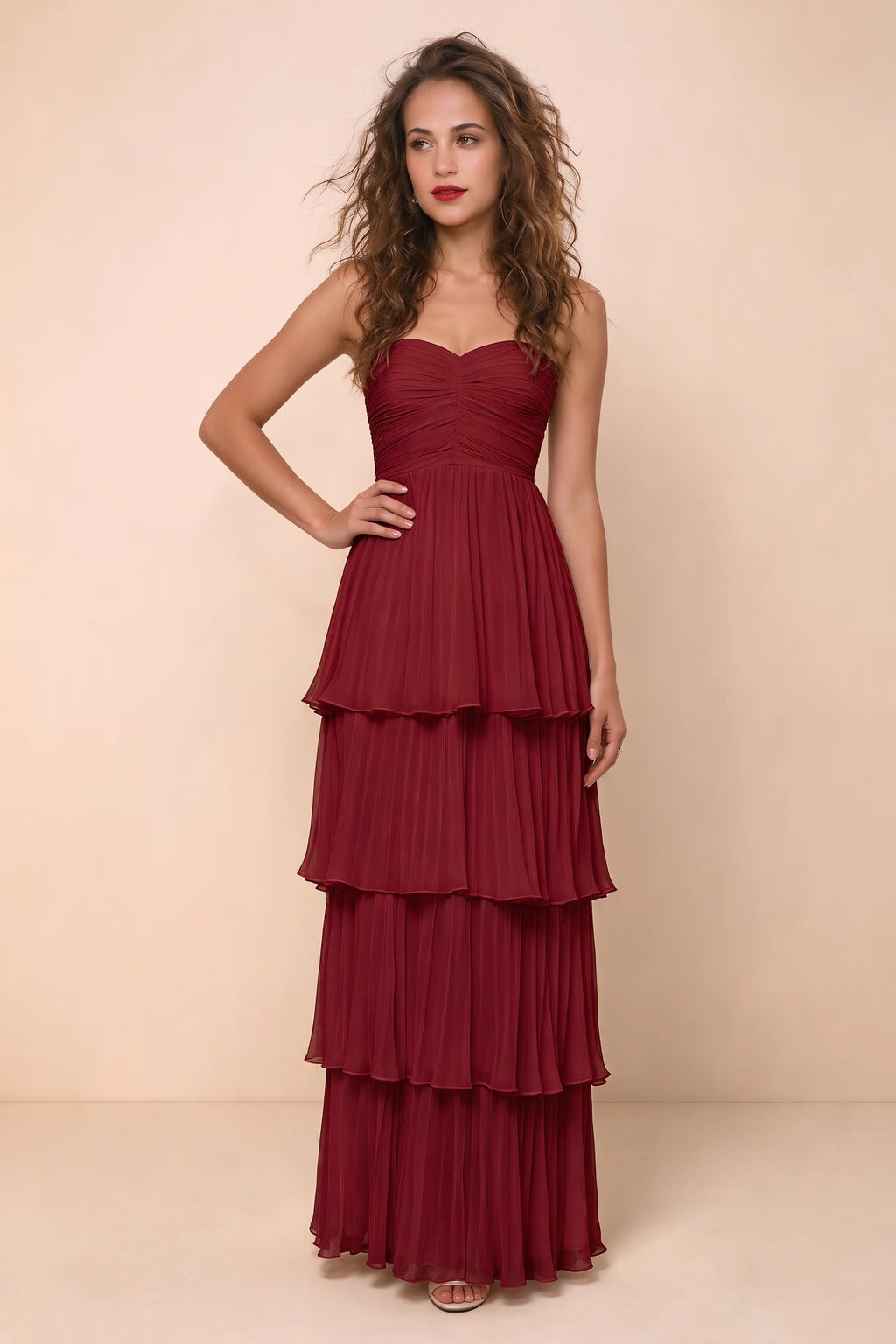 Alternate front studio view of Sonia wine tiered pleated maxi dress with a long flowing skirt