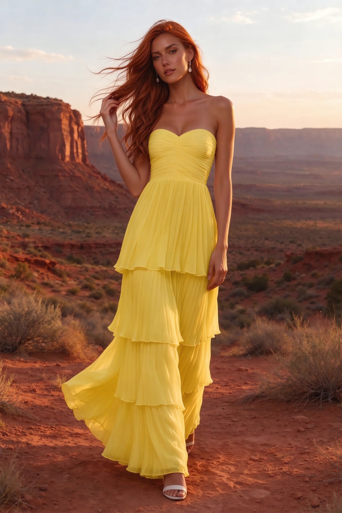 Outdoor front view in a desert canyon at sunset of Sonia yellow tiered pleated maxi dress with a long flowing skirt