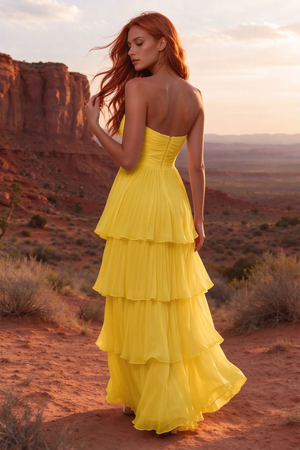 Outdoor rear view in a desert canyon at sunset of Sonia yellow tiered pleated maxi dress with a long flowing skirt