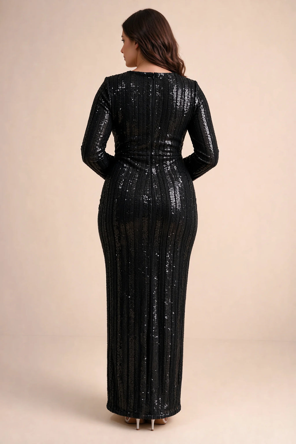 Rear view on a second model of Valeria black long sleeve V-neck slit maxi dress with a long straight skirt