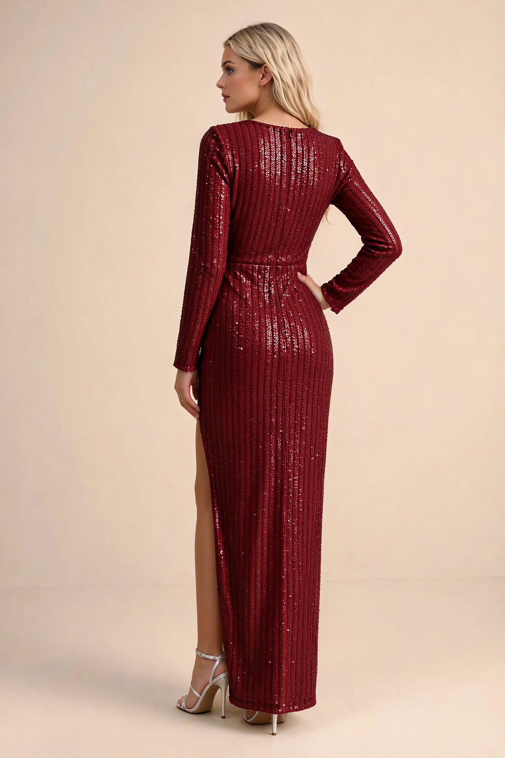 Rear studio view of Valeria burgundy long sleeve V-neck slit maxi dress with a long straight skirt