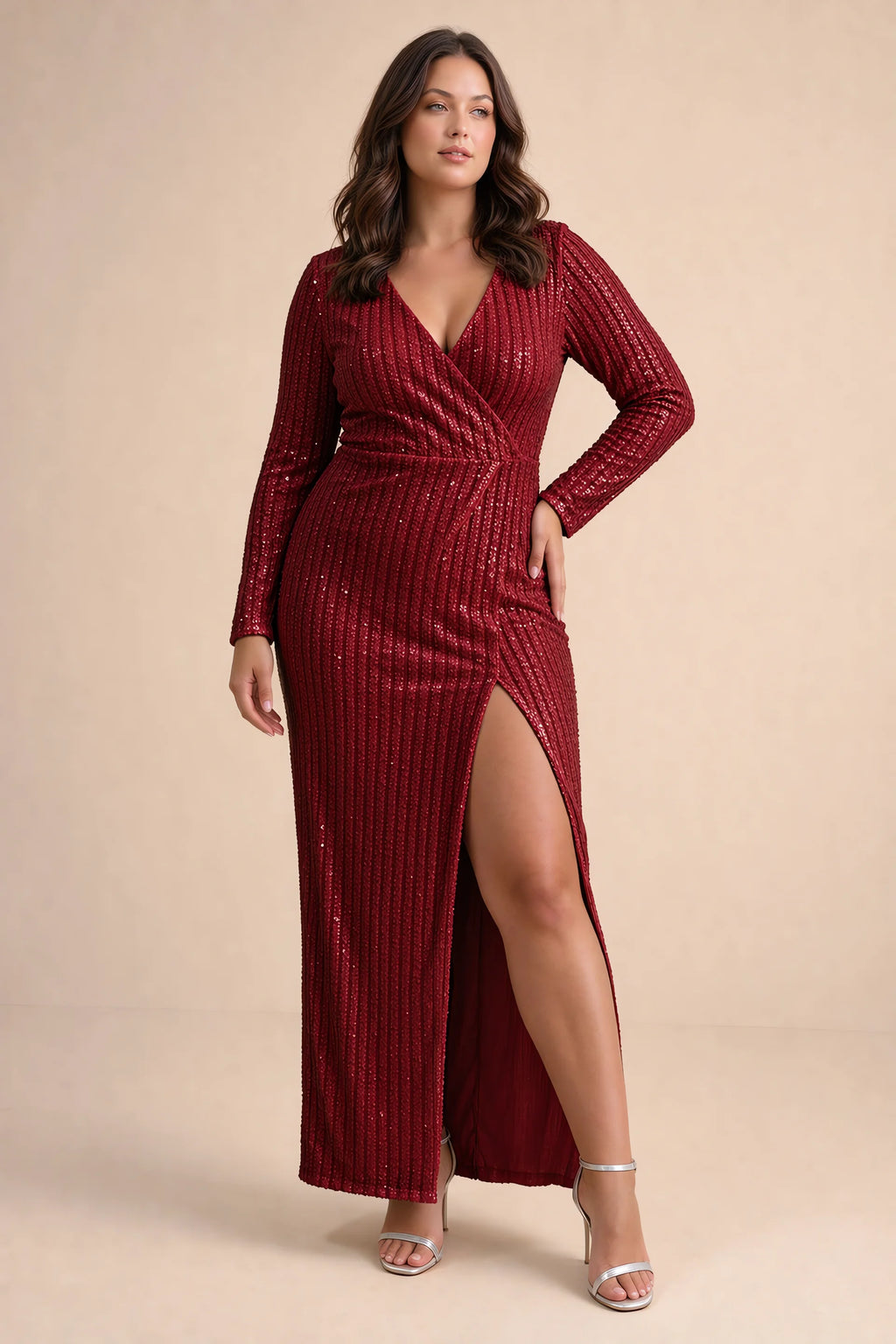 Front view on a second model of Valeria burgundy long sleeve V-neck slit maxi dress with a long straight skirt