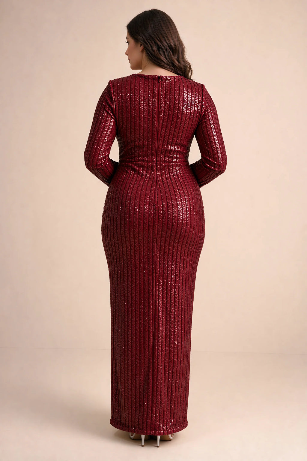 Rear view on a second model of Valeria burgundy long sleeve V-neck slit maxi dress with a long straight skirt