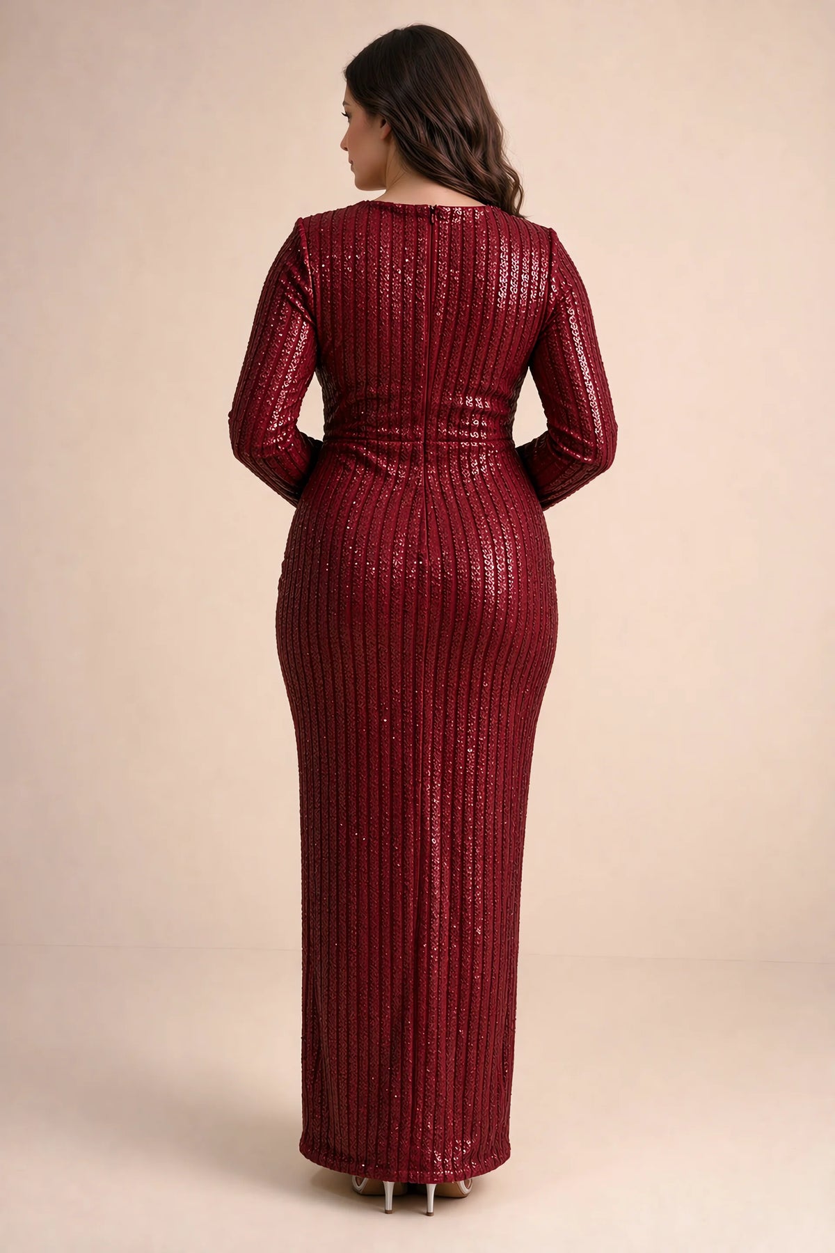 Rear view on a second model of Valeria burgundy long sleeve V-neck slit maxi dress with a long straight skirt