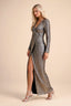 Front studio view of Valeria gold long sleeve V-neck slit maxi dress with a long straight skirt